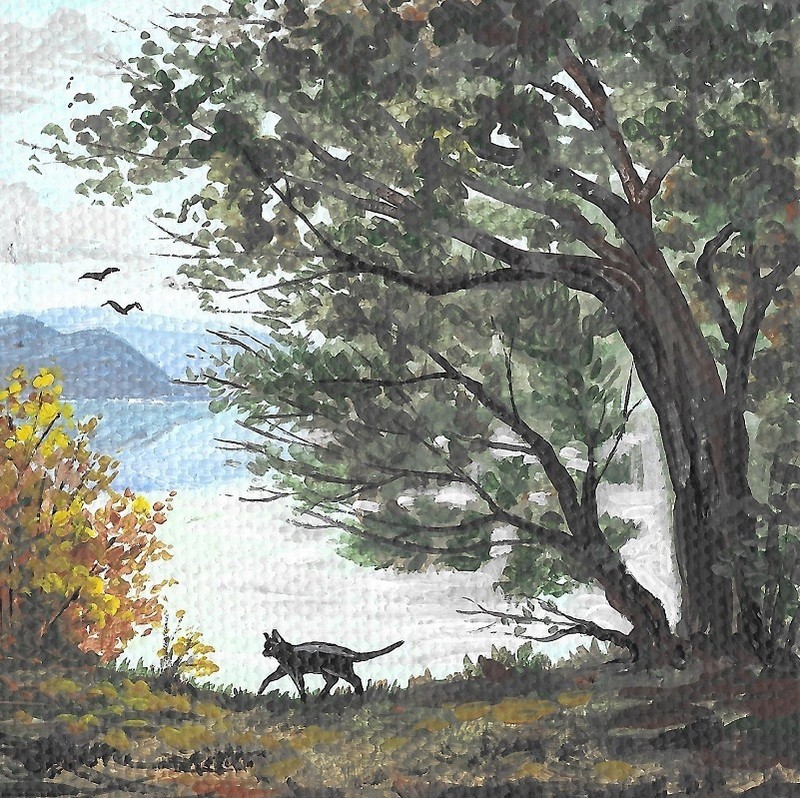 4×4 print of painting BLACK CAT HALLOWEEN RYTA LANDSCAPE AUTUMN FOLK ART Salem