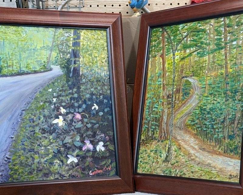 Set of 2 Gordon L. Ord Original Oil Paintings – «Pine Tree Lane» Deer & Trillium