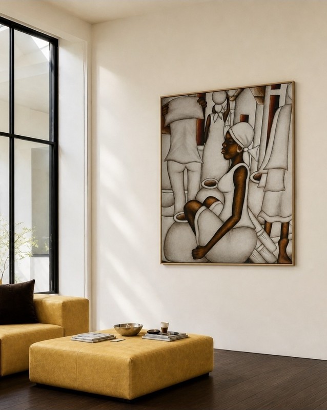 Original Haitian VILLAGE IN WHT. Art Acrylic Canvas Painting A. Merista 47″X37″