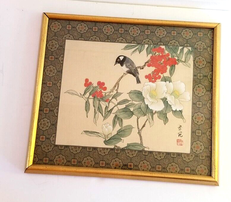 Vintage Chinese SILK PAINTING Textile Border Bird Tree Flowers 17x15 Gold Frame gallery