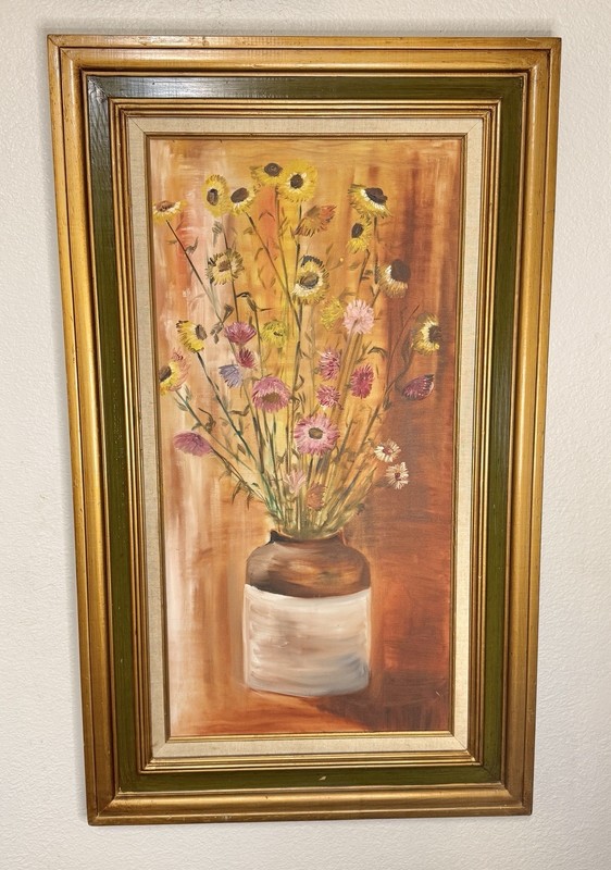 Vintage Floral Still Life Painting Wildflowers Vase Framed Warm Art gallery