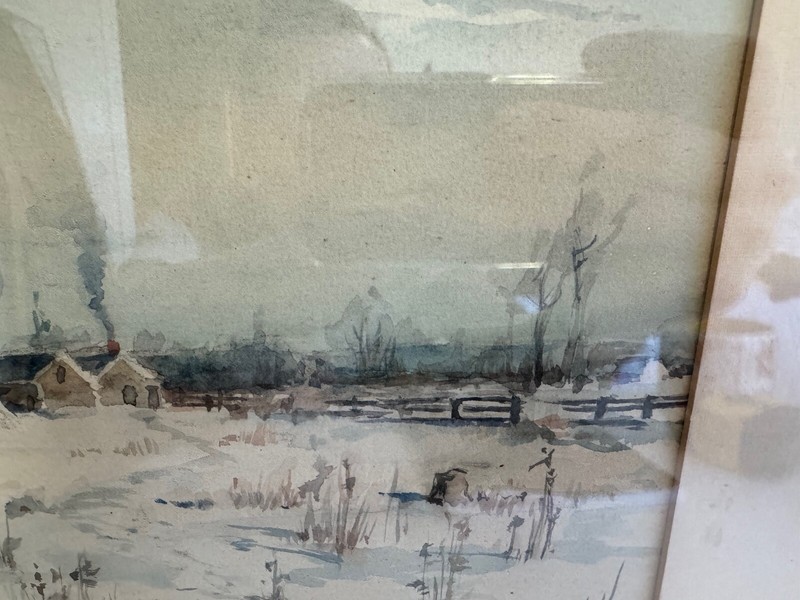 Antique Benjamin Chambers Brown Signed Watercolor Painting of Snowy Landscape gallery