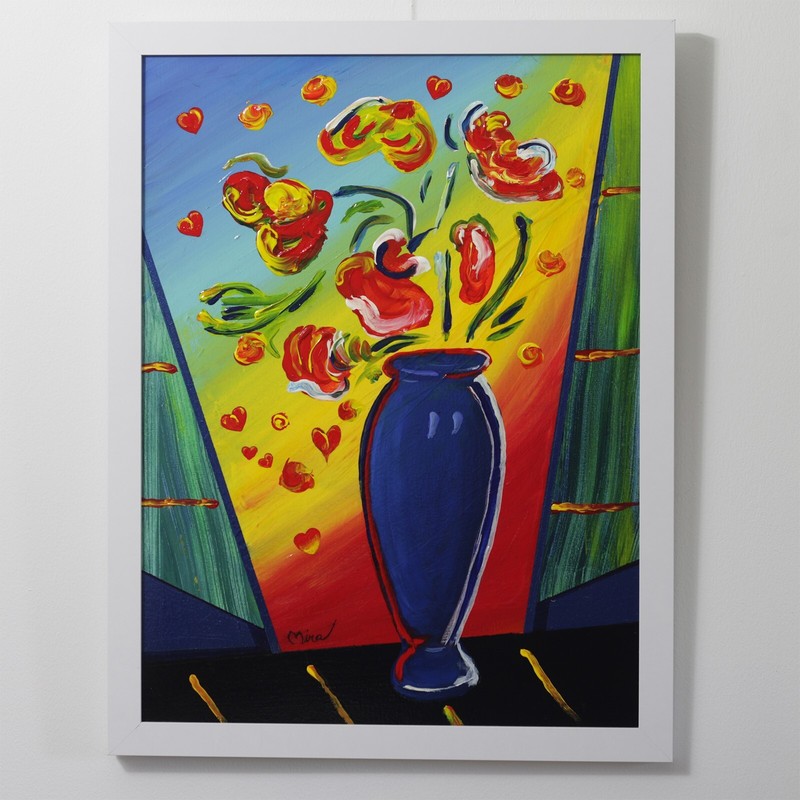 Pop Art Dancing Blooms and Hearts Original After Peter Max by Mira Frame COA