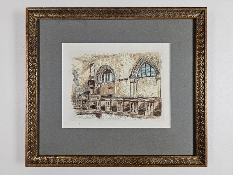 ART – Vintage Signed Richard Nibbs Etching 15×13 Framed VTG Art Church In Sussey