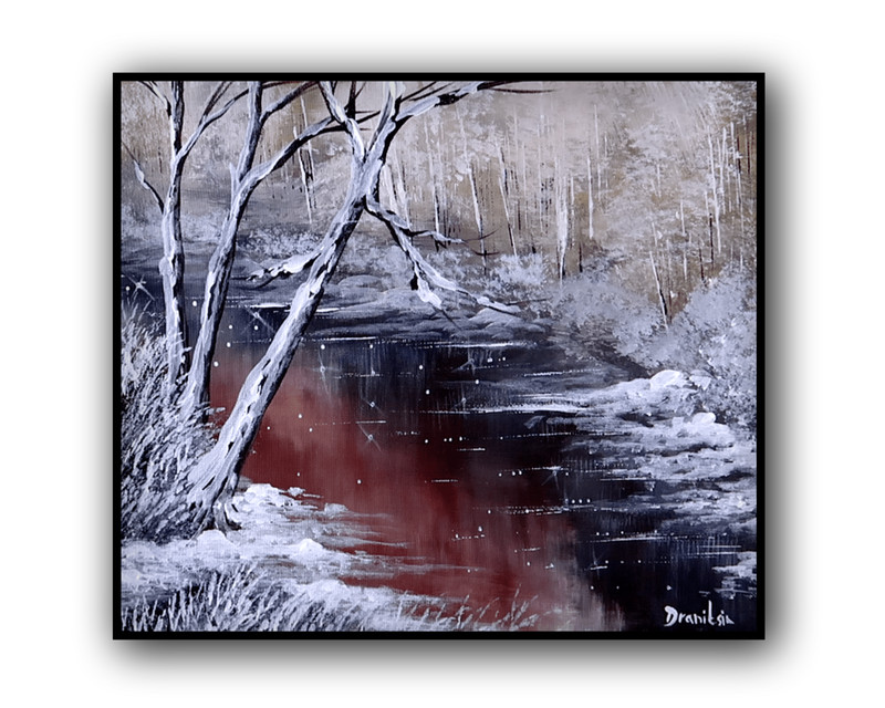Original Acrylic Landscape Painting 11×14″ FROZEN RIVER WINTER Wall Art
