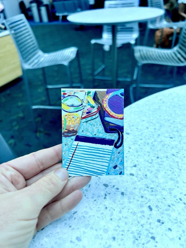 ACEO Original Abstract Coffee Table Still Life 2.5x3.5 Signed Portland Airport gallery