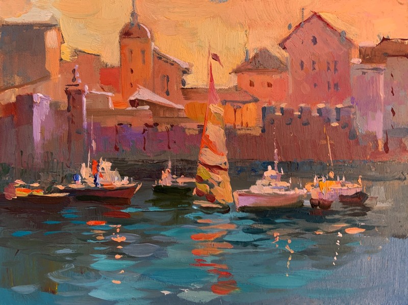 Oil Painting Evening At The Yacht Club Y. Suprunchuk Unframed Original nAAA3625