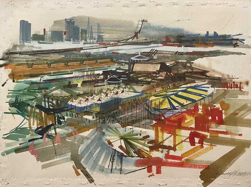 Mid Century Watercolor Expressive Brooklyn Bridge New York Cityscape