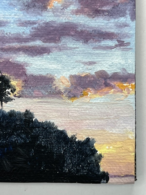 J R Baldini Oil on Canvas Plein Air Painting Sunset Dusk Colorful Clouds 3x3” gallery