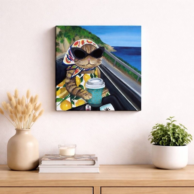 Original Oil Painting Cat Canvas 12×12 Inch Coastal Cat Art Cute Cat With Coffee
