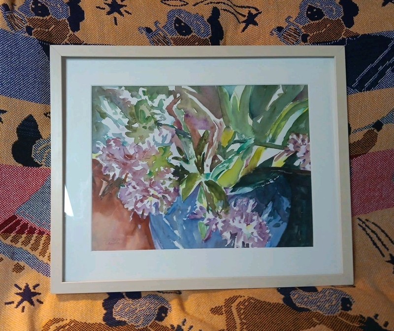 Vintage Signed Original Watercolor Painting Framed Art Decor Still Life Flowers