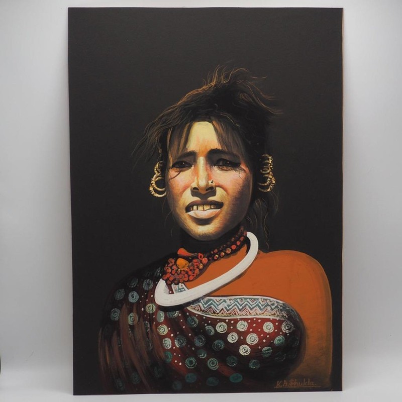 Orig Indian Oil Painting Rajasthani Tribal Woman Portrait Signed K.A. Shukla