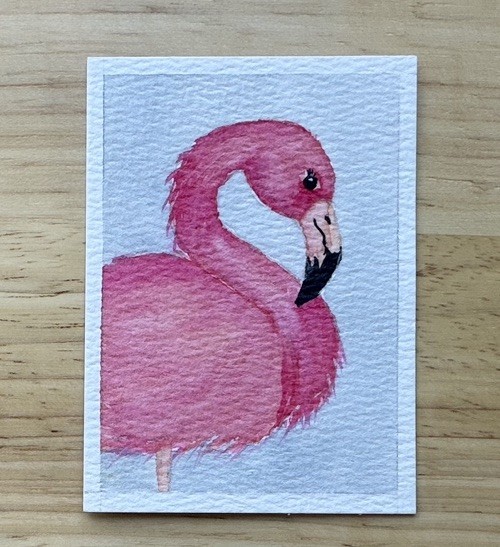 ACEO Original Art Card Watercolor Painting Pink Flamingo 2.5 x 3.5 gallery