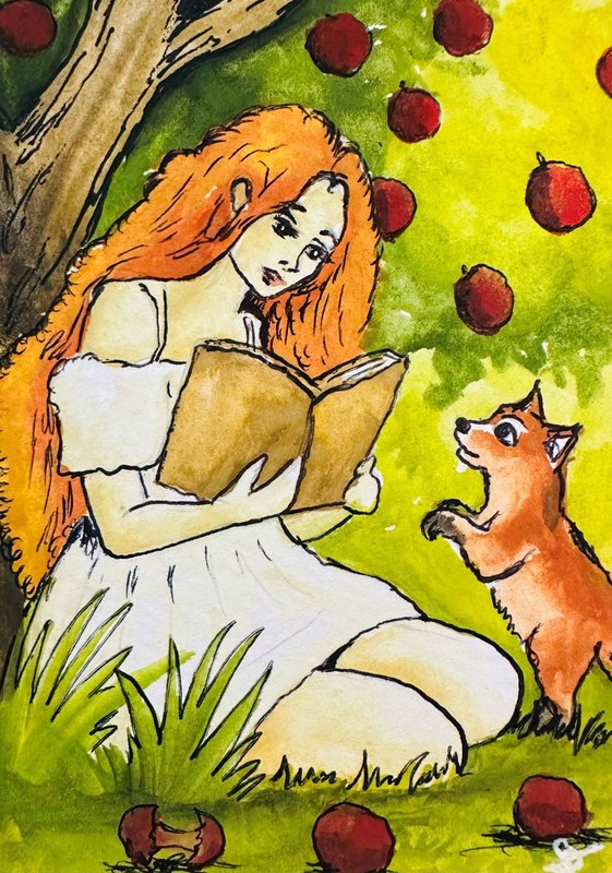 Fox Reading Girl ACEO Original Watercolor Painting Fantasy Illustration Mini Art