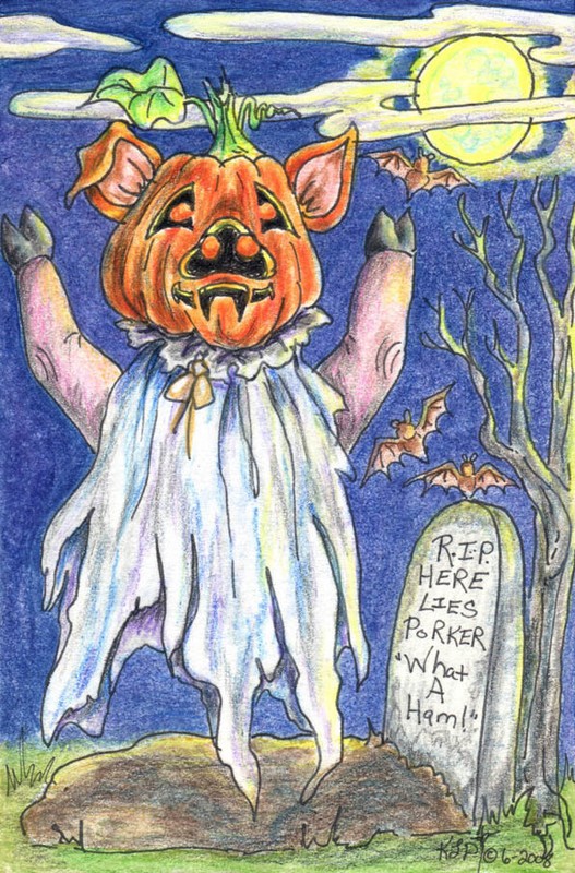 RIP Pig hog pumpkin ghost original Halloween Loberg fantasy ART grave Moon bats