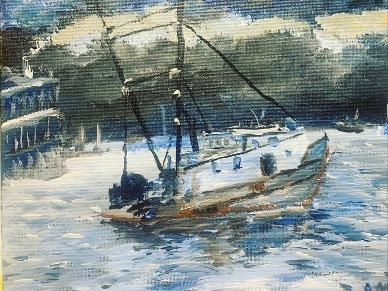 Silver Boat Night Painting Art Impressionism Smoke Fog Fishing Ship Artwork