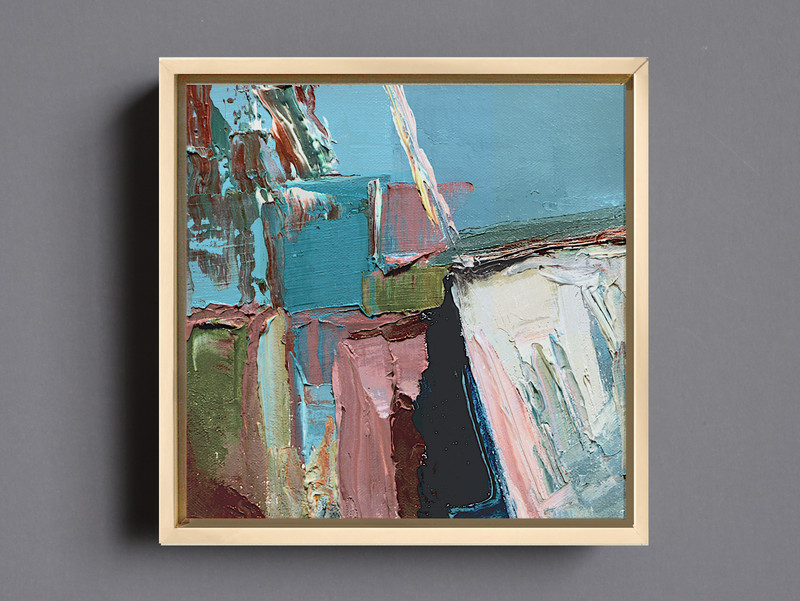Framed Abstract Impasto Painting with Vibrant Tones of Teal, Pink, and Green