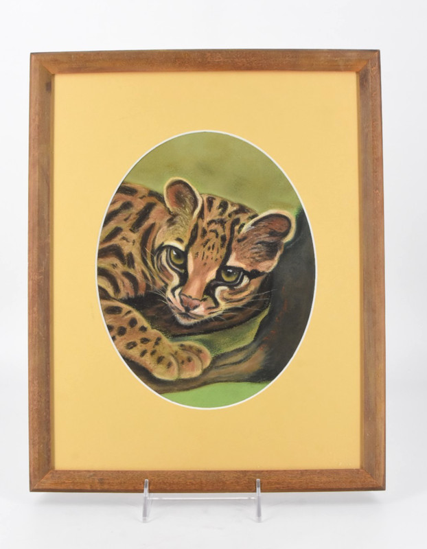 VTG Framed Tiger Leopard Cub Original Art Signed M. Davenport Oval Mat 15″ x 12″