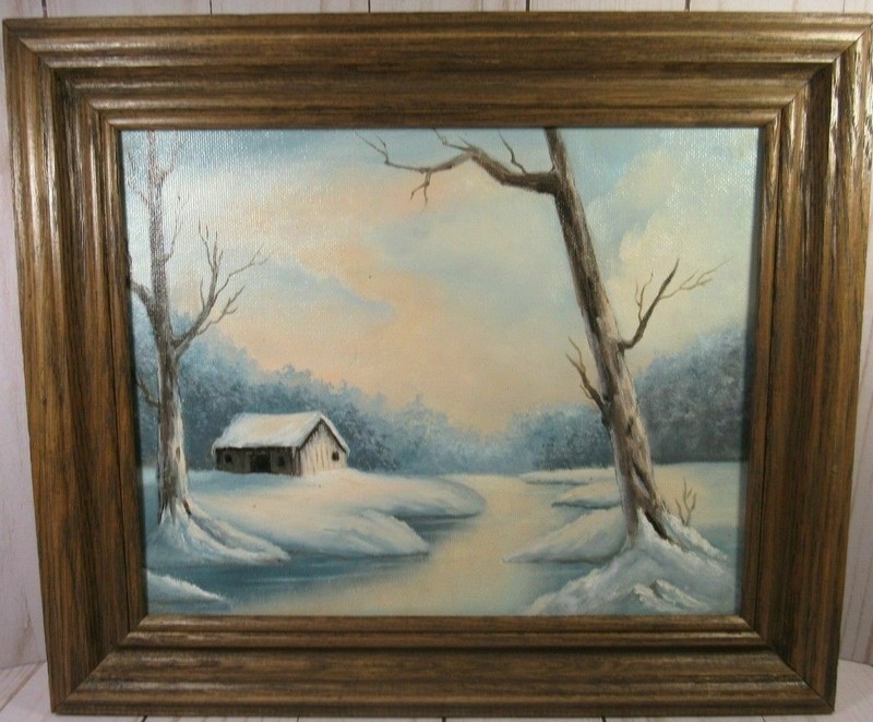 Original Oil Painting Canvas 8 x 10 «SNOWY LAKE» Framed Artist Pat Keely