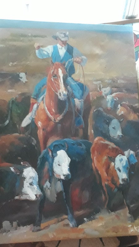 Cowboy and Cattle Large Oil Painting By Jake