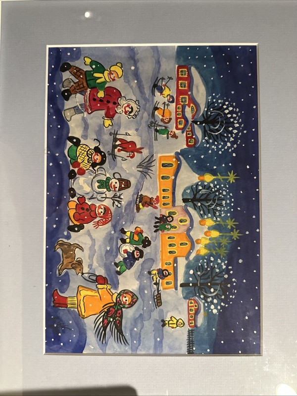 Snowman Winter Advent Painting 11×7.5” Framed 15.5×12” “Christmas Time