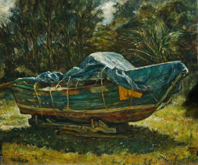 Original 1983 Oil on Canvas of An Old Dry Docked Wooden Boat Illegibly Signed