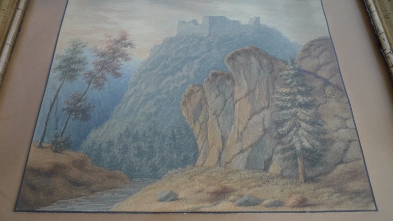 IMPRESSIONIST - MOUNTAIN LANDSCAPE WITH CASTLE AND RIVER - ENGLAND ? WATERCOLOUR CIRCA 1900 gallery