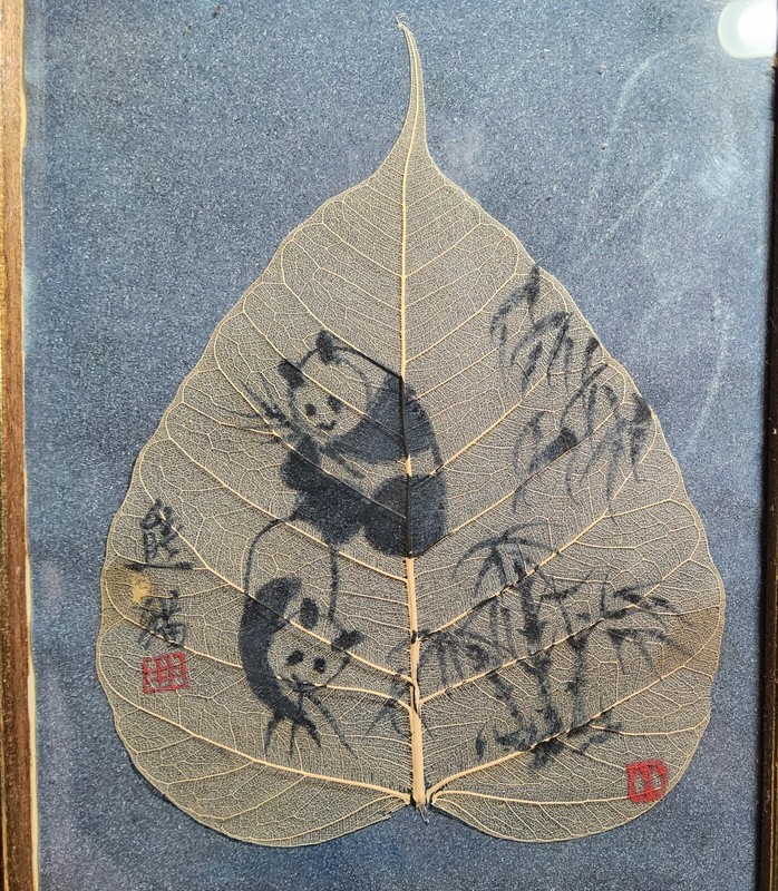 VINTAGE PANDAS PAINTED ON A GENUINE LEAF WITH CHINESE LETTERING IN FRAME 8" x 6" gallery