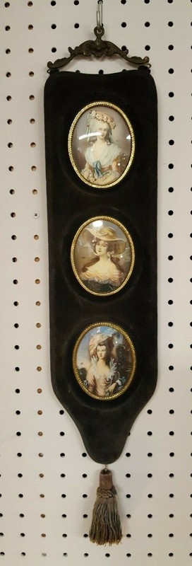 Set 3 Antique Painted Portraits on Celluloid Signed Velvet Fancy Hats Fashion