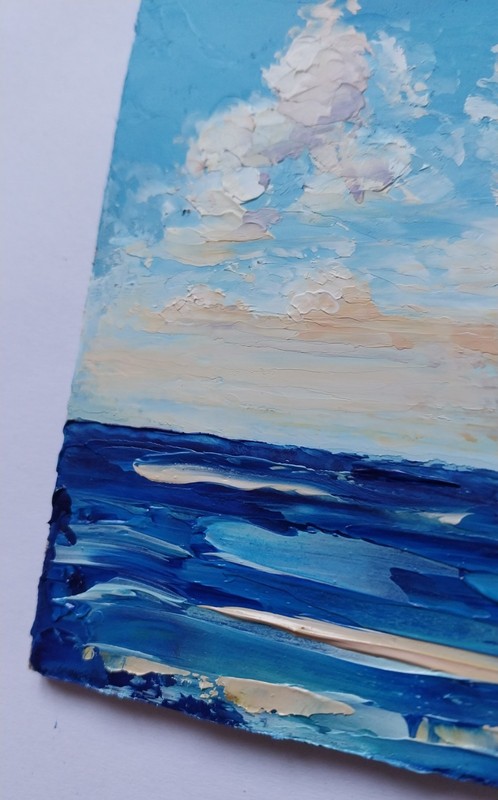 Framed Gentle Sunset Seascape Cloudy Sky Pink Clouds 4x4" Original Oil Painting gallery