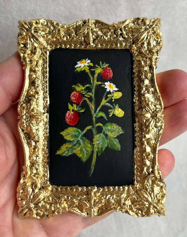 Wild Strawberries ORIGINAL OIL PAINTING on Plaster Miniature Wall ART 4 x 3 in gallery