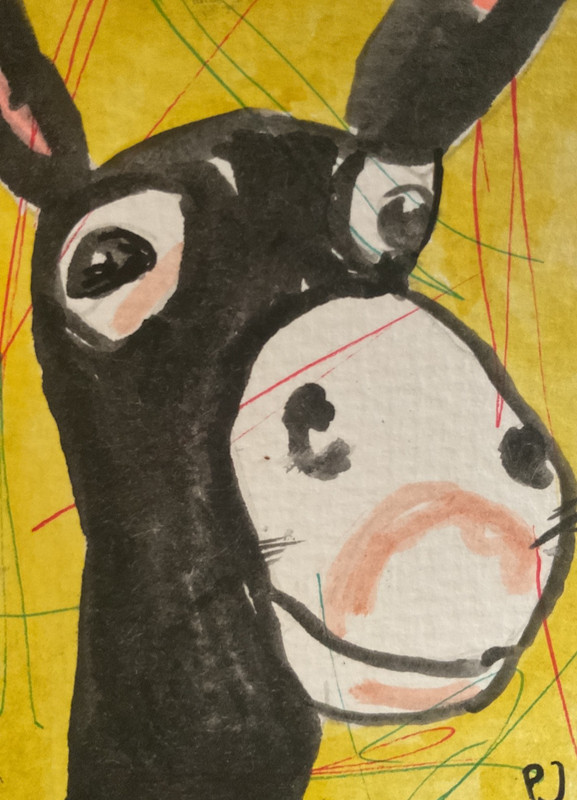 ACEO watercolor art by PJ, art card 2.5 x 3.5: abstract donkey