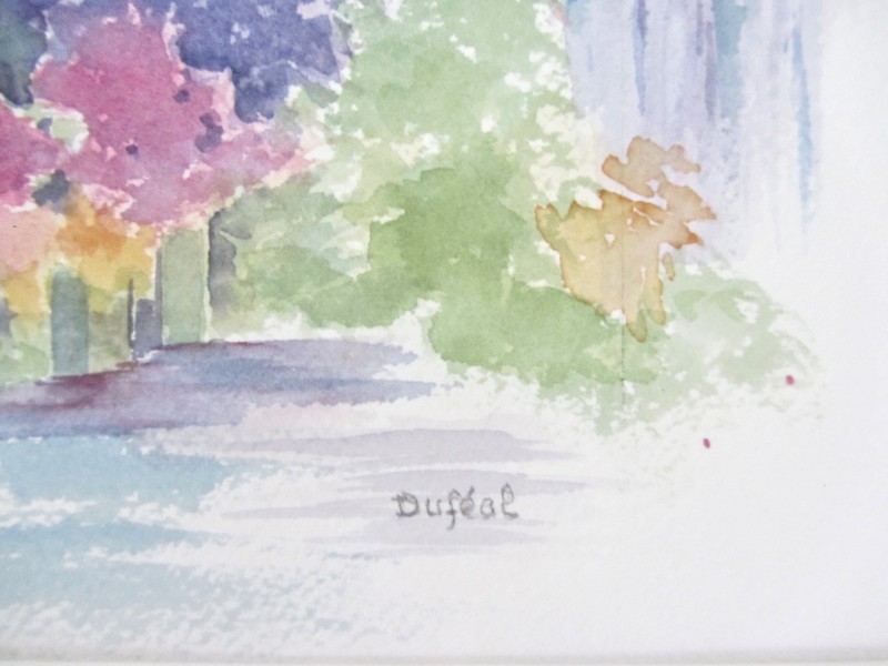 Impressionist Watercolor Painting Signed Dufeal, Flowers Umbrellas Landscape gallery