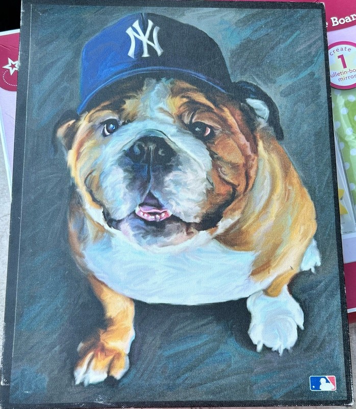 NY Yankee Bulldog Dog Realism Painting on Canvas, Unframed Animal Wall Art