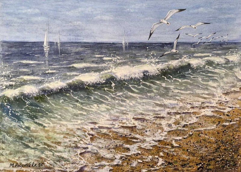 BIRD SEAGULL SEA WAVE Original Art Painting Landscape SUN BEACH Seascape Gift A3 gallery