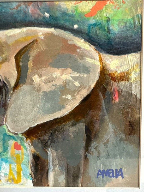 Framed Abstract Elephant Original Painting Signed Amelia Rustic Wooden Frame gallery