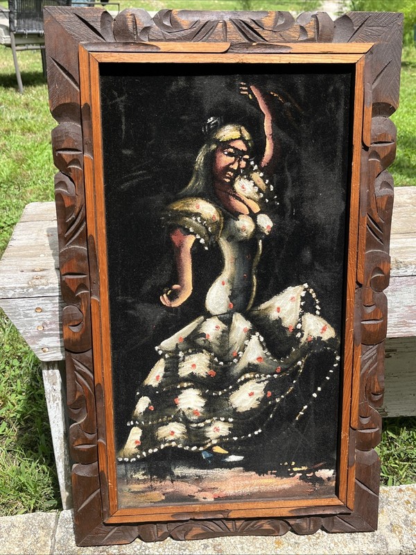 VTG 1970s Black Velvet Spanish Woman Dancer Painting Mexico Flamenco