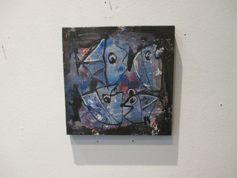 Fish collage with paper acrylic picture on canvas unique gouache orig sign ZM gallery