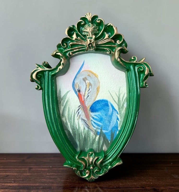 ORIGINAL Blue Heron Landscape mini bird painting • vintage style ornate frame