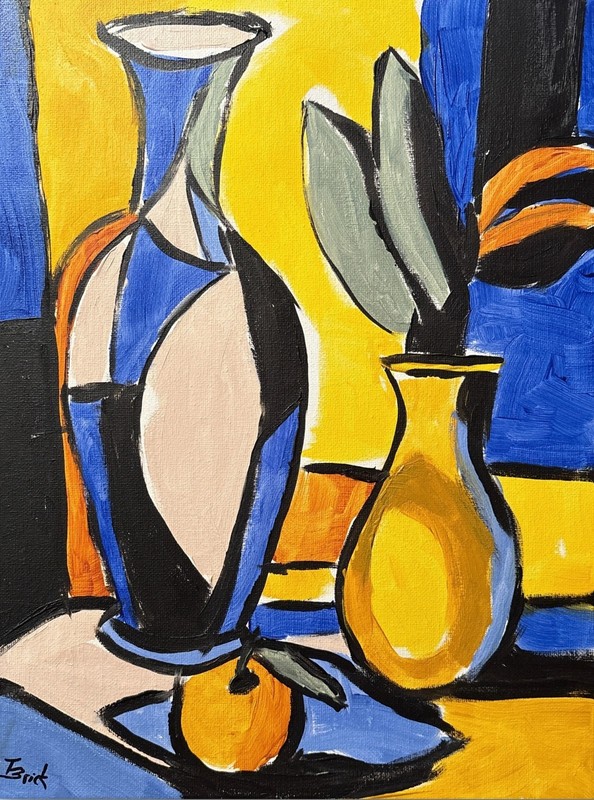 Cubist Still Life Painting Modern Art Original Acrylic 11×14 Vases and Fruit