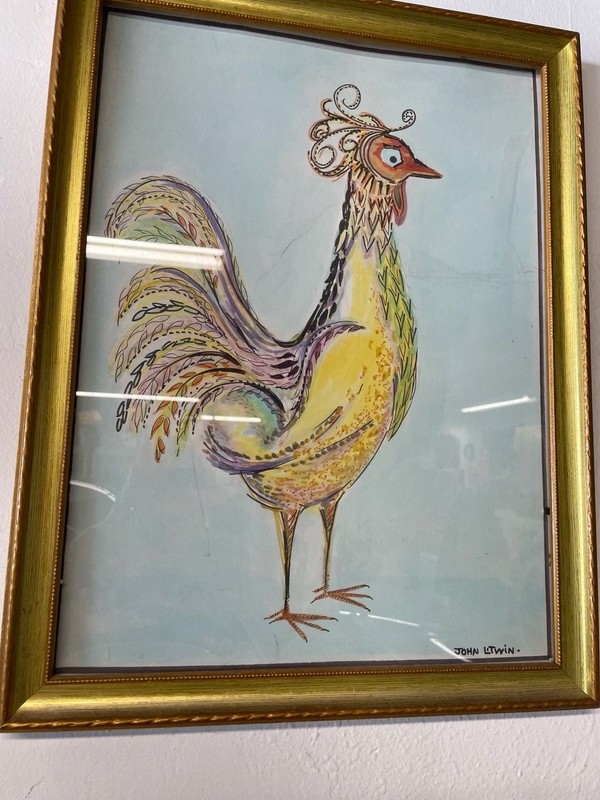 Original MCM Watercolor and Ink Rooster Painting by John Litwin