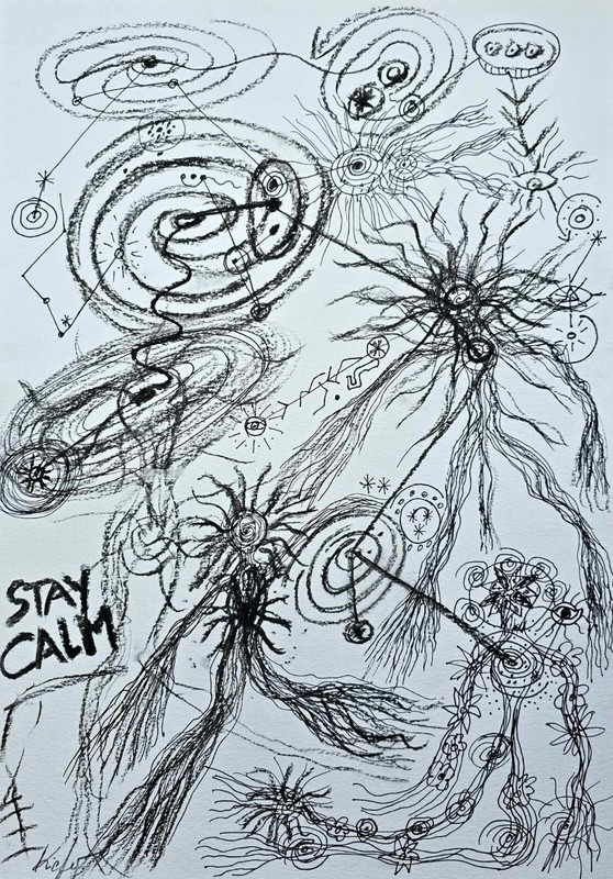 Pine, painting «endless, stay calm» abstract charcoal drawing unique