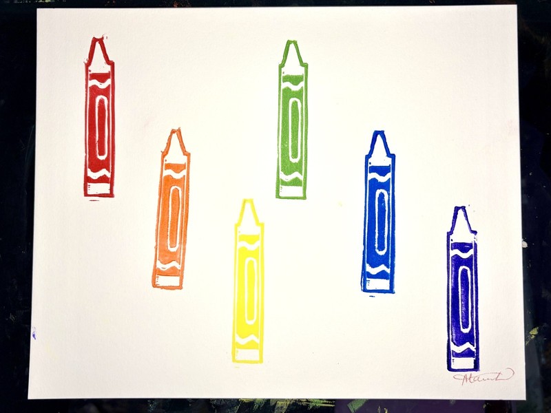 Colored Crayons Linocut Print By Alannah Dyer- Acrylic 8x10 in. Beautiful gallery