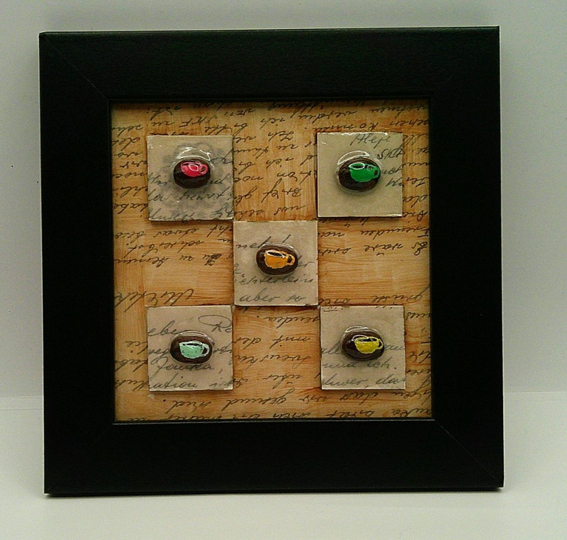 Framed Coffee Cups Painted on Coffee Beans Original Naive Folk Outsider Art 4x4 gallery