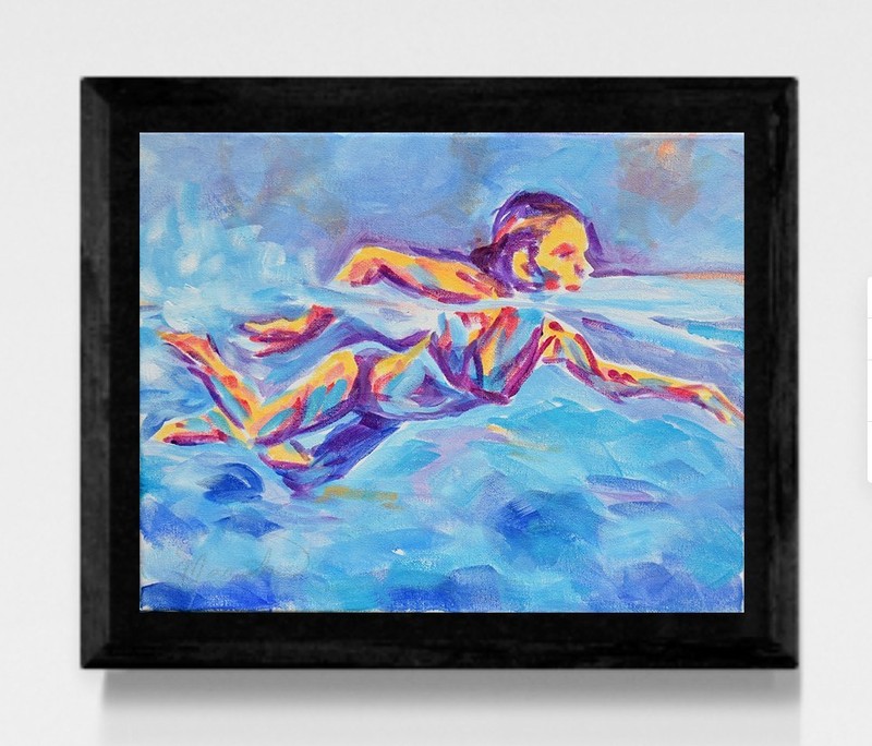 Original 11×14 Expressionism Swimmer Abstract Acrylic Canvas Hand Signed Deco