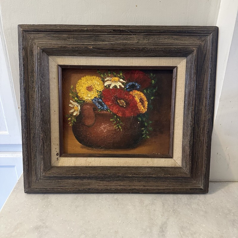 VTG Mid Century Floral Still Life Painting Marigolds Daisies Framed Earthtones