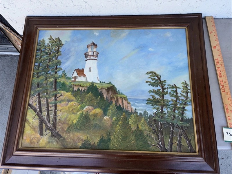 Acrylic painting lighthouse trees 33 x 27 1/2