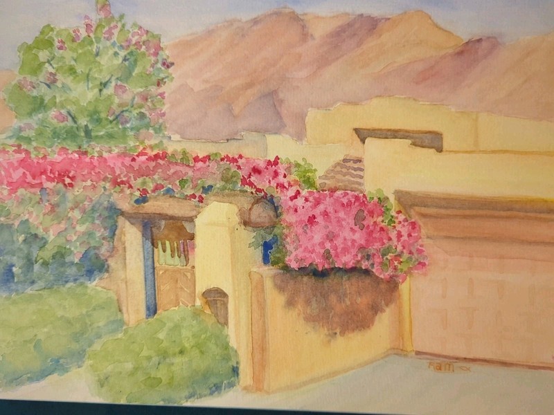 La Quinta Cove Gate #3 Original Watercolor RAMfish Artist 12×9″ Bougainvillea