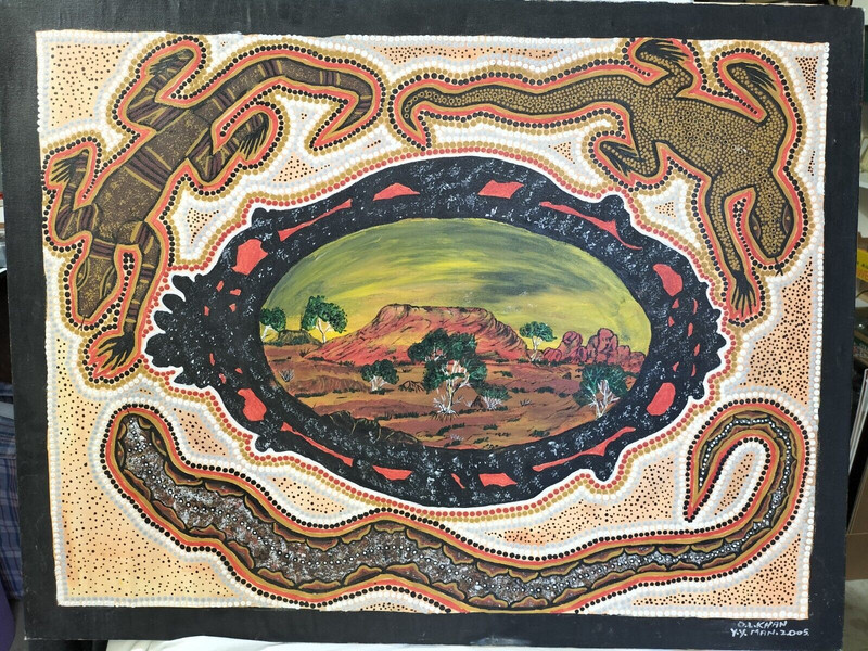 First Nation Aboriginal Art O.L. Khan 2005 Goannas Snake Landscape 100cm x 77cm