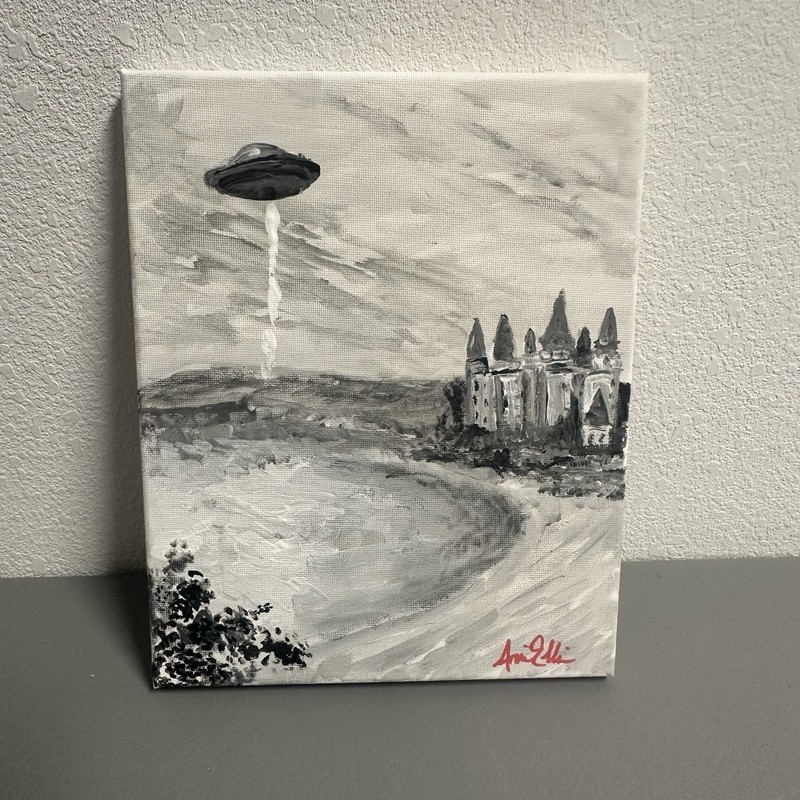 Ufo Alien Invasion Church Abstract Painting Original Acrylic 8 X 10 Signed